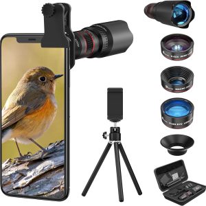 Selvim Phone Camera Lens Phone Lens Kit 4 in 1, 22X Telephoto Lens, 235° Fisheye Lens, 0.62X Wide Angle Lens, 25X Macro Lens, Compatible with iOS iPhone 10 8 7 6 6s Plus X XS XR Android Samsung -Black