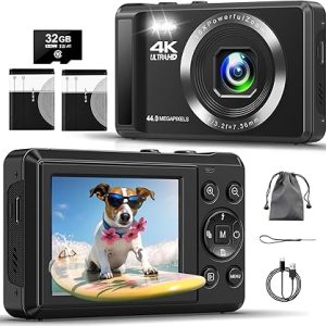 Digital Camera - 4K 44MP UHD Digital Cameras for Photography - Autofocus Point and Shoot Vlogging Camera with 16X Zoom, 32GB SD Card, 2 Batteries - Compact Small Camera for Kids Teens Boys Girls